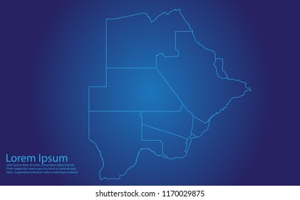 Map of botswana - With glowing point and lines scales on the dark gradient background. botswana map with country borders, thin Blue outline on Dark background.