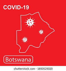 Map of Botswana labeled "COVID-19". White outline map on a red background. Vector illustration of a virus, coronavirus, epidemiology.