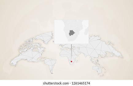 Map of Botswana with neighbor countries pinned on world map. Abstract triangles World Map.