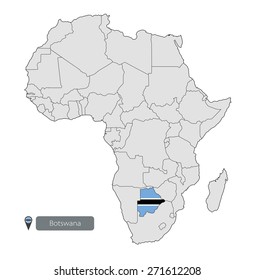 Map of Botswana with an official flag. Location on the continent of Africa
