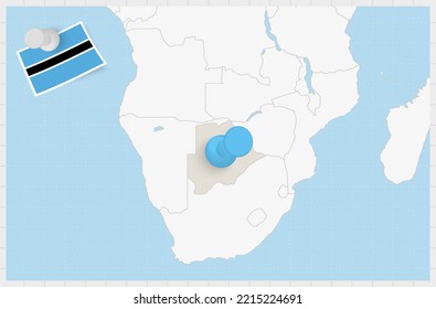 Map of Botswana with a pinned blue pin. Pinned flag of Botswana, vector illustration.