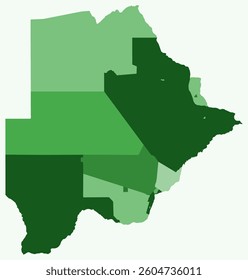 Map of Botswana with regions. Just a simple country border map with region division. Green color palette. Flat Republic of Botswana shape with administrative division. Vector illustration.
