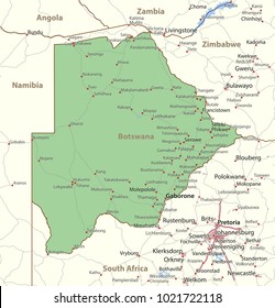 Map of Botswana. Shows country borders, urban areas, place names and roads. Labels in English where possible.Projection: Mercator.