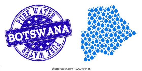 Map of Botswana vector mosaic and Pure Water grunge stamp. Map of Botswana created with blue water tears. Seal with grunge rubber texture for natural drinking water.