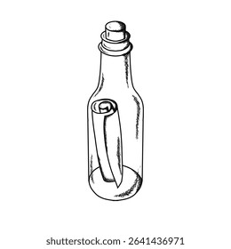 map in a bottle illustration hand draw style in vintage engraved sketch outline style.