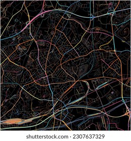 Map of Bottrop, North Rhine-Westphalia with all major and minor roads, railways and waterways. Colorful line art on black background.