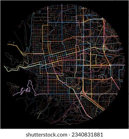 Karte von Boulder, Colorado mit allen wichtigen und kleineren Straßen, Eisenbahnen und Wasserstraßen. Farbige Linienkunst auf schwarzem Hintergrund.