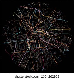 Map of Bourg-en-Bresse, Ain with all major and minor roads, railways and waterways. Colorful line art on black background.