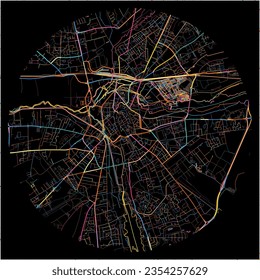 Map of Bourges, Cher with all major and minor roads, railways and waterways. Colorful line art on black background.