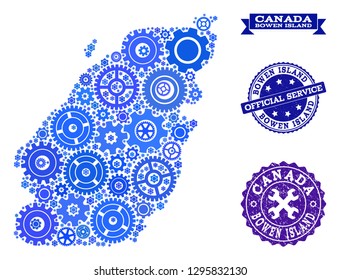 Map of Bowen Island created with blue engine symbols, and isolated grunge seals for official repair services. Vector abstract collage of map of Bowen Island with repair symbols in blue color tinges.