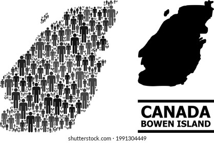 Map of Bowen Island for politics proclamations. Vector population mosaic. Mosaic map of Bowen Island organized of crowd elements. Demographic concept in dark grey color shades.