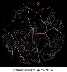 Map of Bowie, Maryland with all major and minor roads, railways and waterways. Colorful line art on black background.