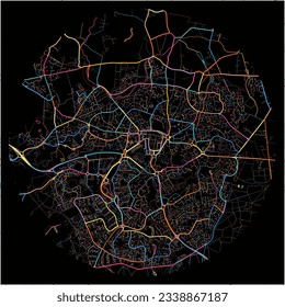 Map of Bracknell, South East England with all major and minor roads, railways and waterways. Colorful line art on black background.