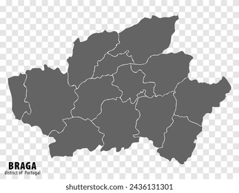 Map Braga District on transparent background. Porto Braga map with  municipalities in gray for your web site design, logo, app, UI. Portugal. EPS10.