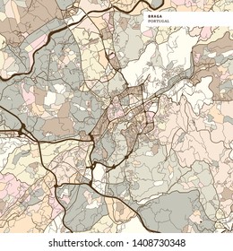 Map of Braga Portugal, art map print template. brown colored version for Apps, Print or web backgrounds