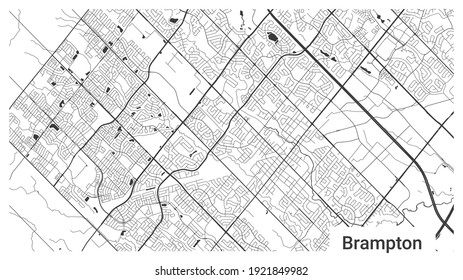 Map of Brampton city, Ontario, Canada. Horizontal background map poster black and white land, streets and rivers. 1920 1080 proportions. Royalty free grayscale graphic vector illustration.