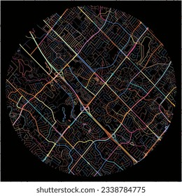 Mapa de Brampton, Ontario, con todas las carreteras principales y menores, ferrocarriles y vías fluviales. Coloridas líneas de arte sobre fondo negro.