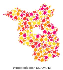 Map of Brandenburg State created with colored flat stars. Vector colored geographic abstraction of map of Brandenburg State with red, yellow, orange stars.