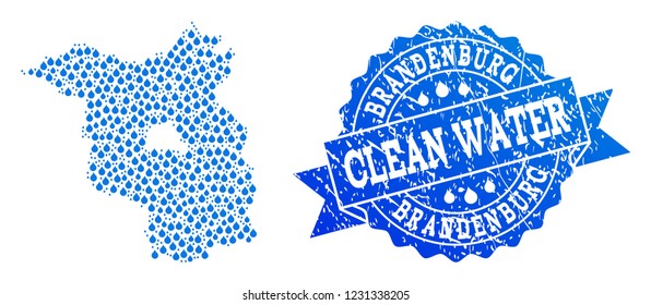 Map of Brandenburg State vector mosaic and clean water grunge stamp. Map of Brandenburg State composed with blue water raindrops. Seal with grunge rubber texture for clean drinking water.
