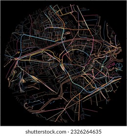 Map of BrandenburganderHavel, Brandenburg with all major and minor roads, railways and waterways. Colorful line art on black background.