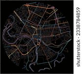 Map of Brantford, Ontario with all major and minor roads, railways and waterways. Colorful line art on black background.