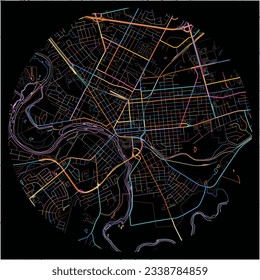 Map of Brantford, Ontario with all major and minor roads, railways and waterways. Colorful line art on black background.