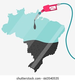 Map of Brazil being fueled by oil. Gas pump fueled map. On the map there is glass reflection. Conceptual. Oil producing or importing countries.