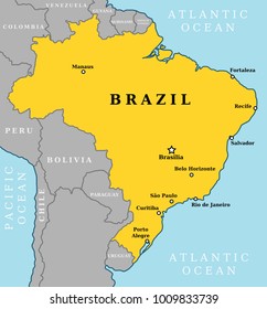 Map of Brazil. Country outline with 10 largest cities including Brasilia, capital city.