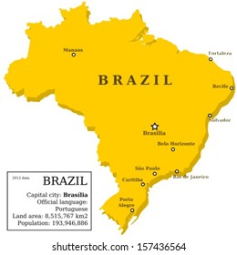 Map of Brazil. Country outline with information box and 10 largest cities.