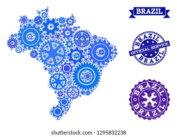 Map of Brazil created with blue gear symbols, and isolated scratched seals for official repair services. Vector abstract collage of map of Brazil with industry symbols in blue hues.