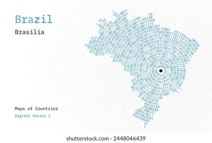 Eine Karte von Brasilien mit Nullen und Einsen in Form eines Kreises. Die Hauptstadt Brasilia ist in der Mitte des Kreises dargestellt