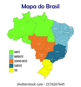 map of Brazil divided by regions, with state names