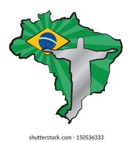 Map of Brazil with flag and statue of Jesus Christ