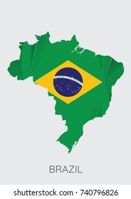 Map Of Brazil With Flag As Texture Isolated On Grey Background. Vector Illustration