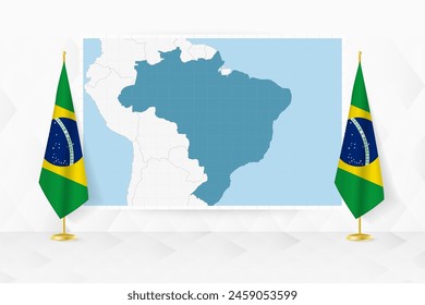 Map of Brazil and flags of Brazil on flag stand. Vector illustration for diplomacy meeting.