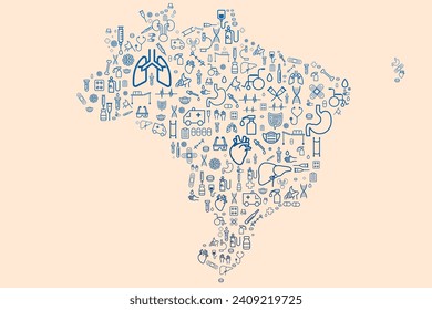 Map of Brazil formed by icons related to medicine and healthcare system. SUS. Public healthcare