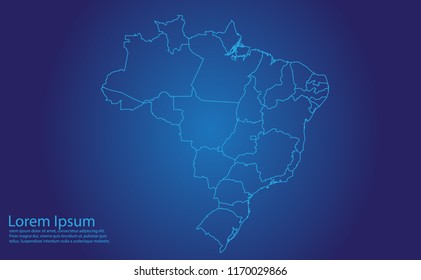 Map of brazil - With glowing point and lines scales on the dark gradient background. brazil map with country borders, thin Blue outline on Dark background.