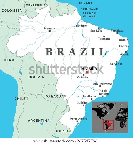 Map of Brazil highlighting major cities, borders with neighboring countries, and inset showing its location in South America