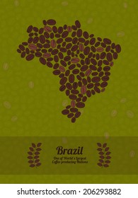 Map of Brazil made out of coffee beans. Raw green coffee beans background. Coffee beans flyer or leaflet. Brazil map poster or card.