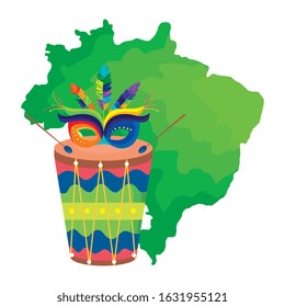 map of brazil with mask carnival and drum vector illustration design
