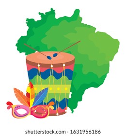 map of brazil with mask carnival and drum vector illustration design