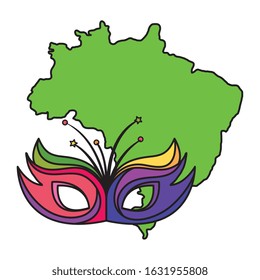 map of brazil with mask carnival isolated icon vector illustration design