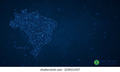 Map of Brazil modern design with polygonal shapes on dark blue background. Business wireframe mesh spheres from flying debris. Blue structure style vector illustration concept.