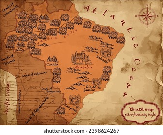 Map of Brazil in the old style, brown graphics in retro fantasy style.