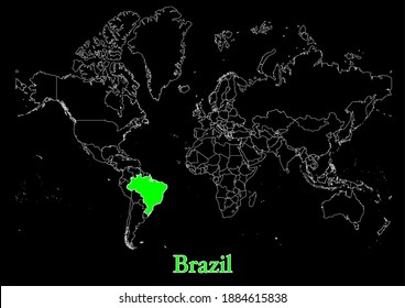 Karte von Brasilien auf schwarzem Hintergrund.  Die Karte zeigt die Lage Brasiliens in der Welt. Die Vektorgrafik eignet sich für Drucke aller Größen. Eine einzelne Karte auf schwarzem Hintergrund.