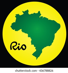 Map of Brazil, on yellow round background with sign Rio, over black background