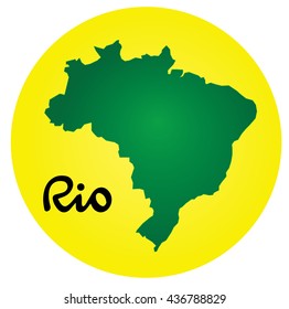 Map of Brazil, on yellow round background with sign Rio, over white background