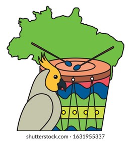 map of brazil with parrot and drum vector illustration design