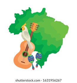 map of brazil with parrot and icons traditional vector illustration design