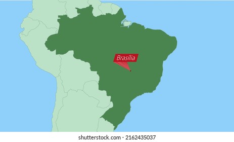 Map of Brazil with pin of country capital. Brazil Map with neighboring countries in green color.